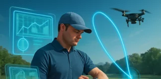 Golfista usando tecnología avanzada para analizar su golpe con un dron y pantallas holográficas