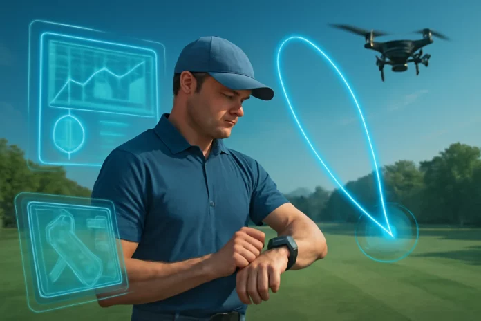 Golfista usando tecnología avanzada para analizar su golpe con un dron y pantallas holográficas