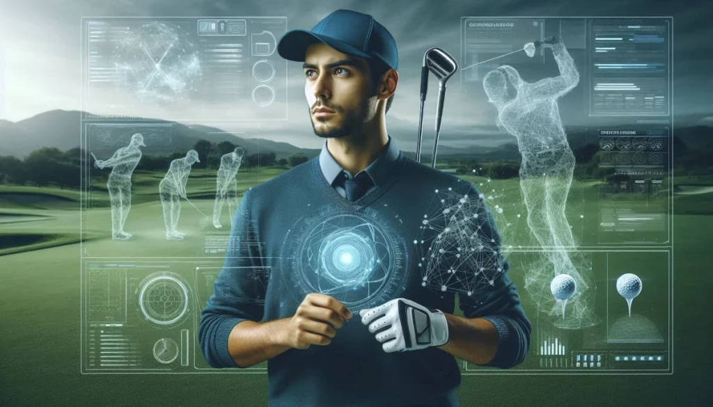 Golfista en un campo futurista con gráficos de datos y tecnología avanzada.