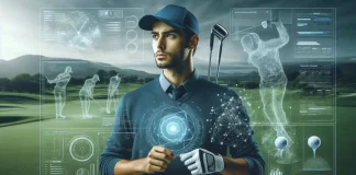 El Futuro del Golf: Tendencias Tecnológicas en Desarrollo Golfista en un campo futurista con gráficos de datos y tecnología avanzada.