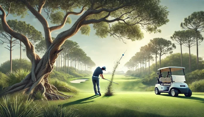 Golpazo zurdo desde debajo de un árbol en el campo Copperhead del Valspar Championship