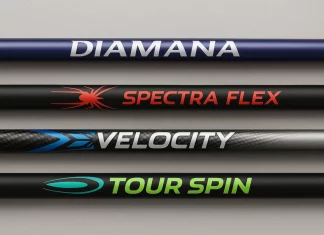 Varillas de Golf: Materiales y Flexibilidad para Mejorar tu Rendimiento Cuatro varillas de golf con diferentes marcas y diseños, simulando distintos tipos de palos, alineadas horizontalmente.