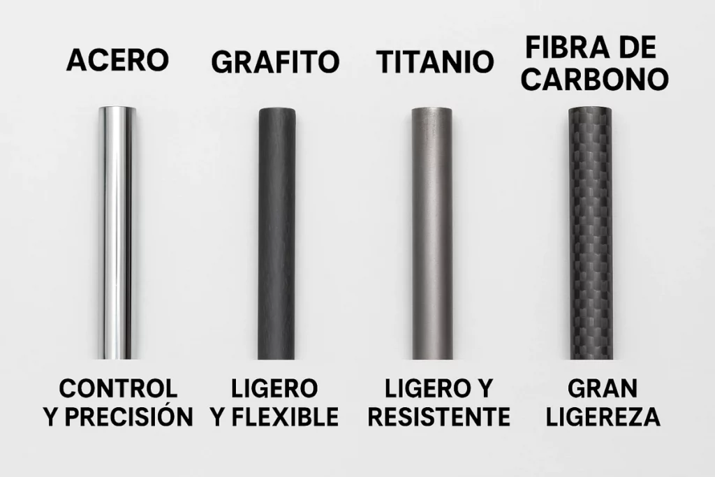 Cuatro varillas de golf alineadas, representando los materiales acero, grafito, titanio y fibra de carbono.