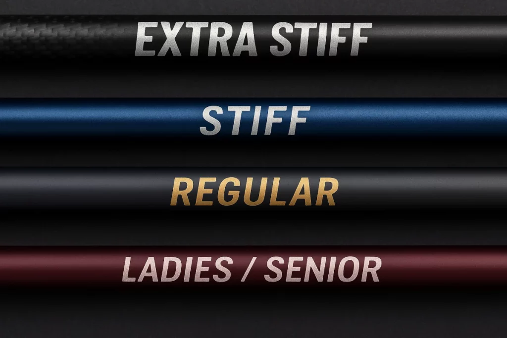 Cuatro varillas de golf impresas con texto indicando diferentes niveles de flexibilidad: Extra Stiff, Stiff, Regular y Ladies/Senior.