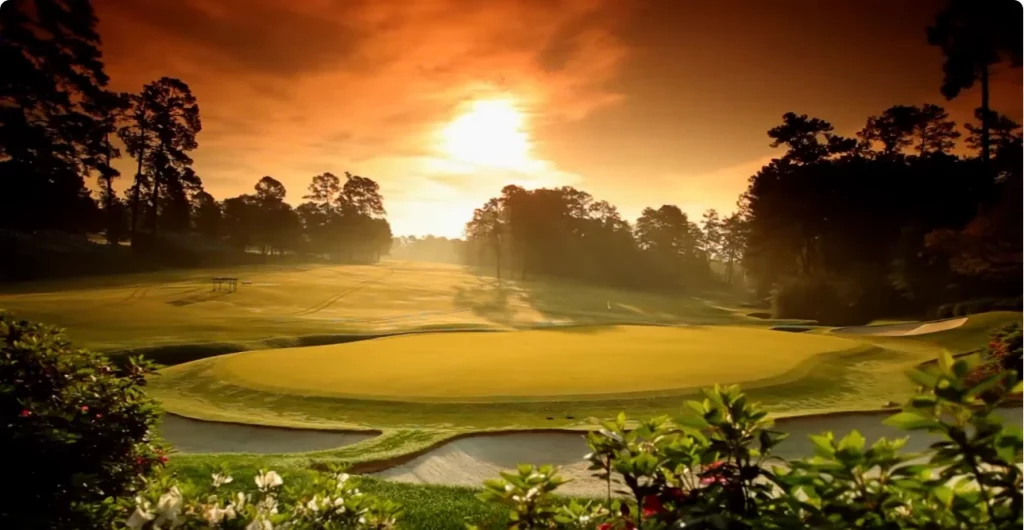 Vista del hoyo de Augusta National Golf Club desde el green, con puesta de sol y rocío en el aire.