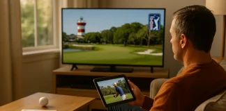 Cómo ver el RBC Heritage 2025: horarios de TV, streaming y dónde seguirlo en directo Hombre viendo el RBC Heritage 2025 en la televisión y la tablet desde su salón