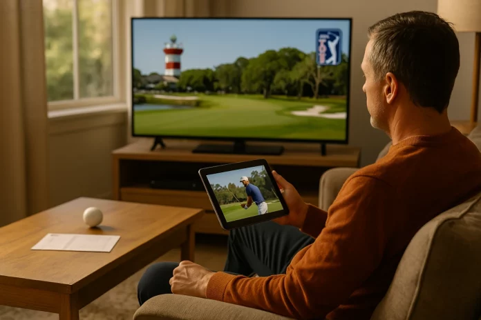 Hombre viendo el RBC Heritage 2025 en la televisión y la tablet desde su salón