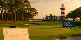 Reparto de premios en el RBC Heritage 2025: lo que está en juego esta semana Vista del campo Harbour Town Golf Links con ambientación del RBC Heritage 2025 y zona de premiación