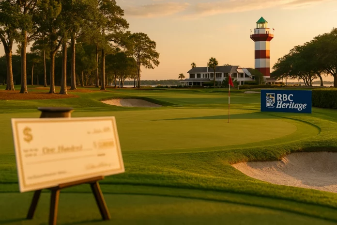 Vista del campo Harbour Town Golf Links con ambientación del RBC Heritage 2025 y zona de premiación