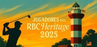 Lista completa de jugadores del RBC Heritage 2025: los 72 nombres en Hilton Head Golfista y faro de Harbour Town al atardecer durante el RBC Heritage 2025