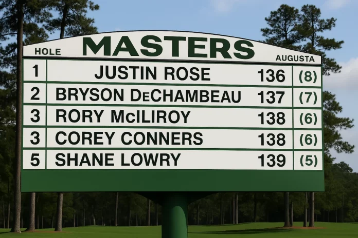 Marcador con los líderes del Masters de Augusta 2025 tras la segunda jornada: Justin Rose (-8), DeChambeau (-7), McIlroy (-6), Conners (-6) y Lowry (-5).