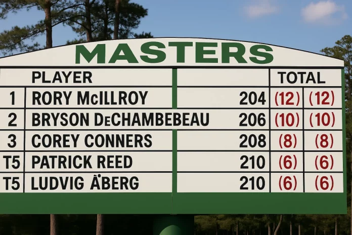 Marcador del Masters de Augusta 2025 tras la tercera jornada con McIlroy (-12), DeChambeau (-10), Conners (-8), Reed y Åberg (-6).