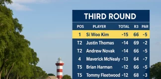 RBC Heritage 2025: Si Woo Kim arrebata el liderato a Justin Thomas en la tercera jornada Tabla de líderes del RBC Heritage 2025 después de la tercera ronda, con fondo del campo Harbour Town y el faro al fondo.