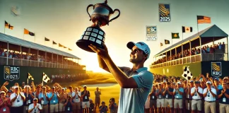 RBC Heritage 2025: Justin Thomas conquista Harbour Town en un emocionante playoff Representación generada por IA de Justin Thomas celebrando su victoria en el RBC Heritage 2025, con el trofeo en las manos y el sol poniéndose detrás.