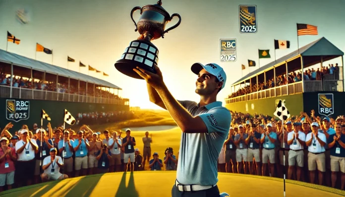 Representación generada por IA de Justin Thomas celebrando su victoria en el RBC Heritage 2025, con el trofeo en las manos y el sol poniéndose detrás.