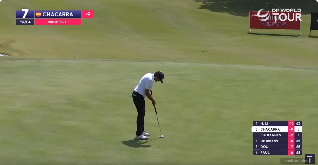 Eugenio López Chacarra putteando para birdie en el hoyo 7 durante la segunda jornada del Volvo China Open 2025.