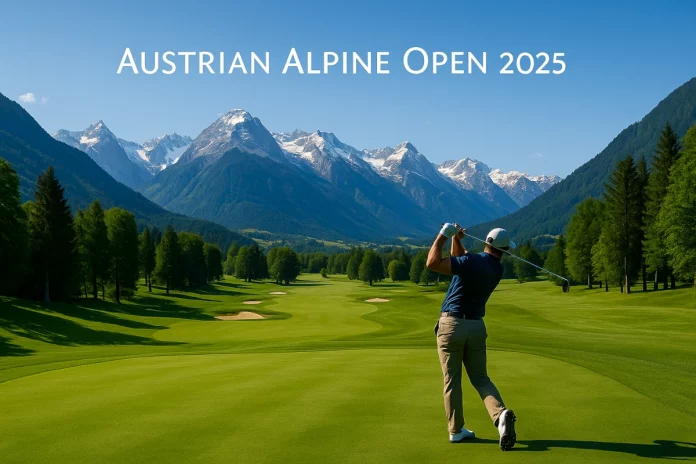 Golfista haciendo un swing en un campo rodeado de los Alpes durante el Austrian Alpine Open 2025