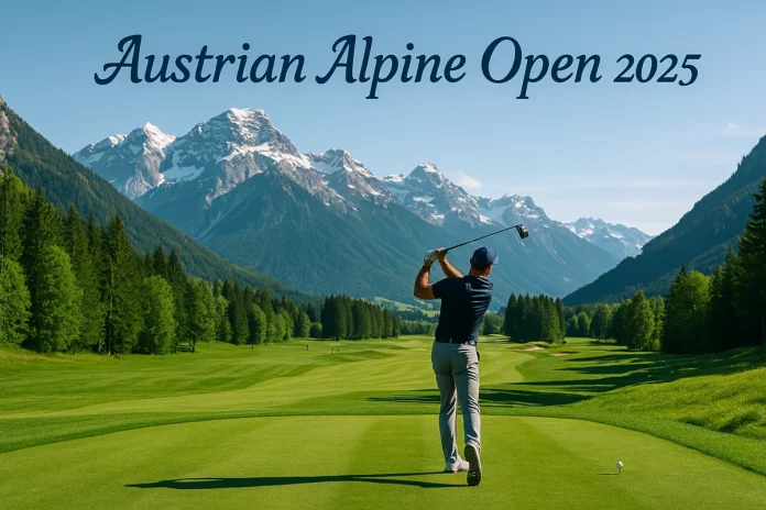 Alt: Golfista profesional haciendo swing en un campo de golf alpino con las montañas al fondo y texto Austrian Alpine Open 2025
