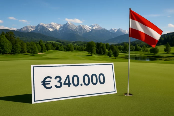 Cheque gigante de €340.000 y bandera de Austria en el green, con montañas alpinas al fondo, en el Austrian Alpine Open 2025