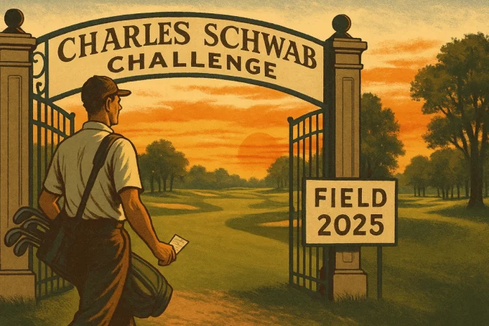 Golfista entrando al campo del Charles Schwab Challenge en una ilustración estilo retro