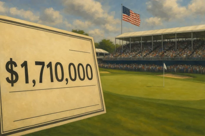 Cheque de $1,710,000 en un campo de golf con gradas, bandera de EE. UU. y ambiente de torneo