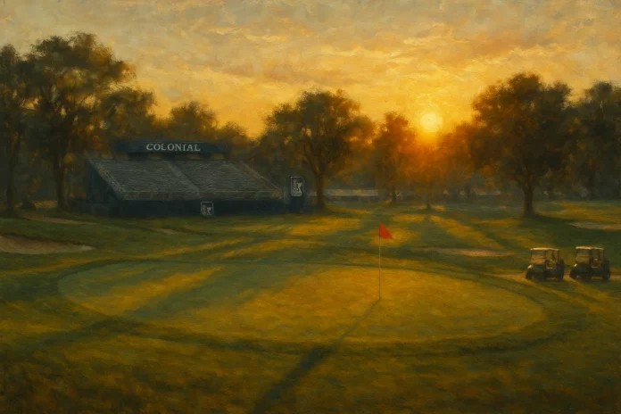 Campo de golf del Colonial Country Club al atardecer, con green, bandera roja, gradas y buggies, sin jugadores