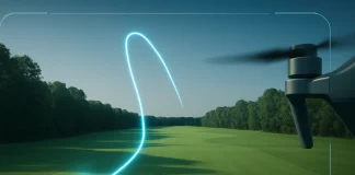 La Tecnología de Seguimiento de Golpes por Dron: Revolución en la Cobertura del Golf Dron siguiendo la trayectoria de una bola de golf sobre el campo