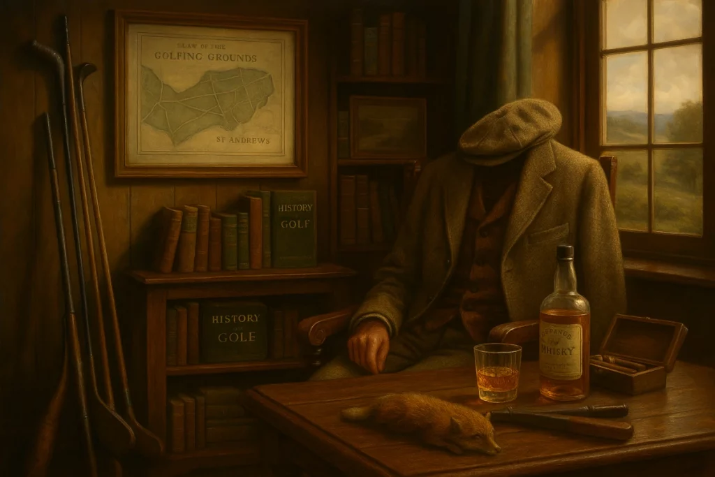 Palos de golf antiguos junto a escopeta, whisky y ropa de tweed en interior aristocrático escocés del siglo XVIII