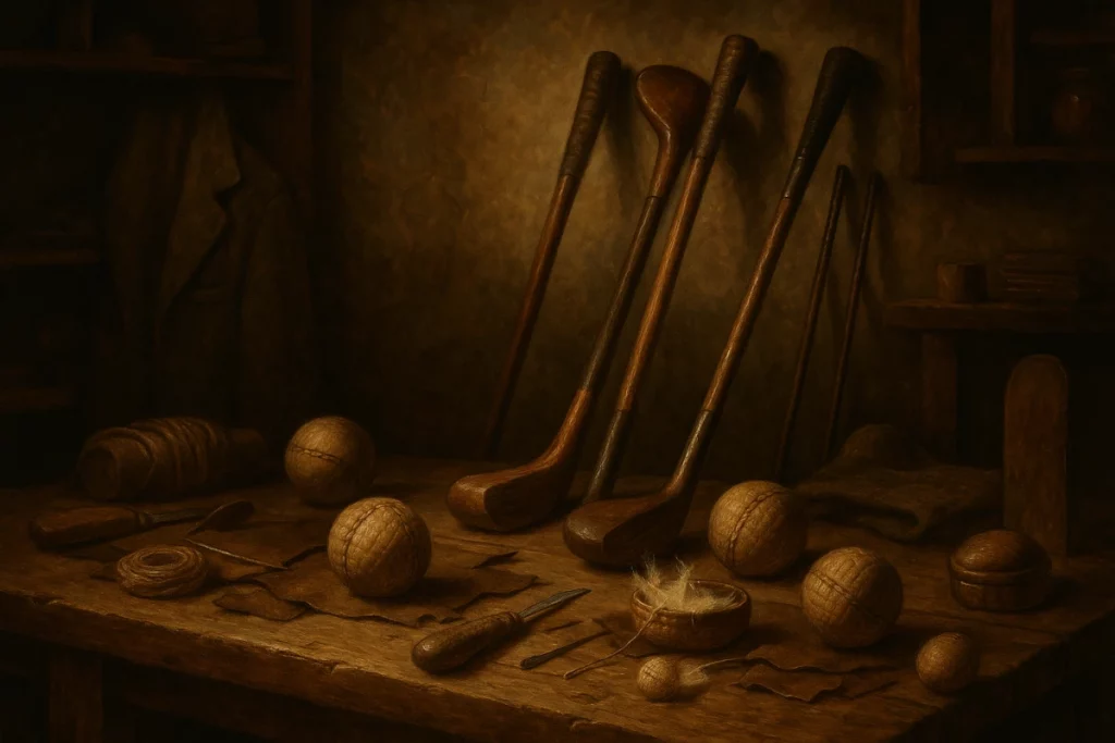 Palos de golf antiguos y bolas featherie en banco de trabajo artesanal del siglo XVII