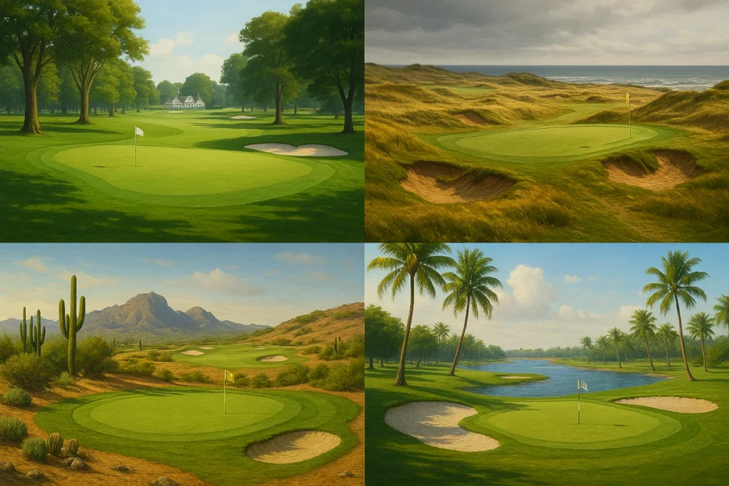 Cuatro tipos de campos de golf: parkland, links, desértico y tropical, representados visualmente