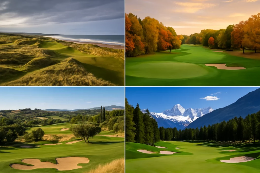 Campos de golf europeos: links, heathland, parkland y campo alpino con montañas