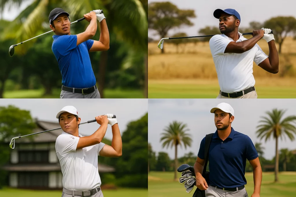 Cuatro golfistas profesionales representando Asia, África, Japón y América Latina en diferentes campos de golf