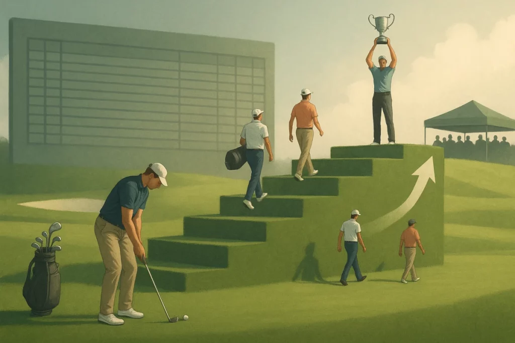 Golfistas subiendo niveles simbólicos desde campos modestos hasta torneos profesionales