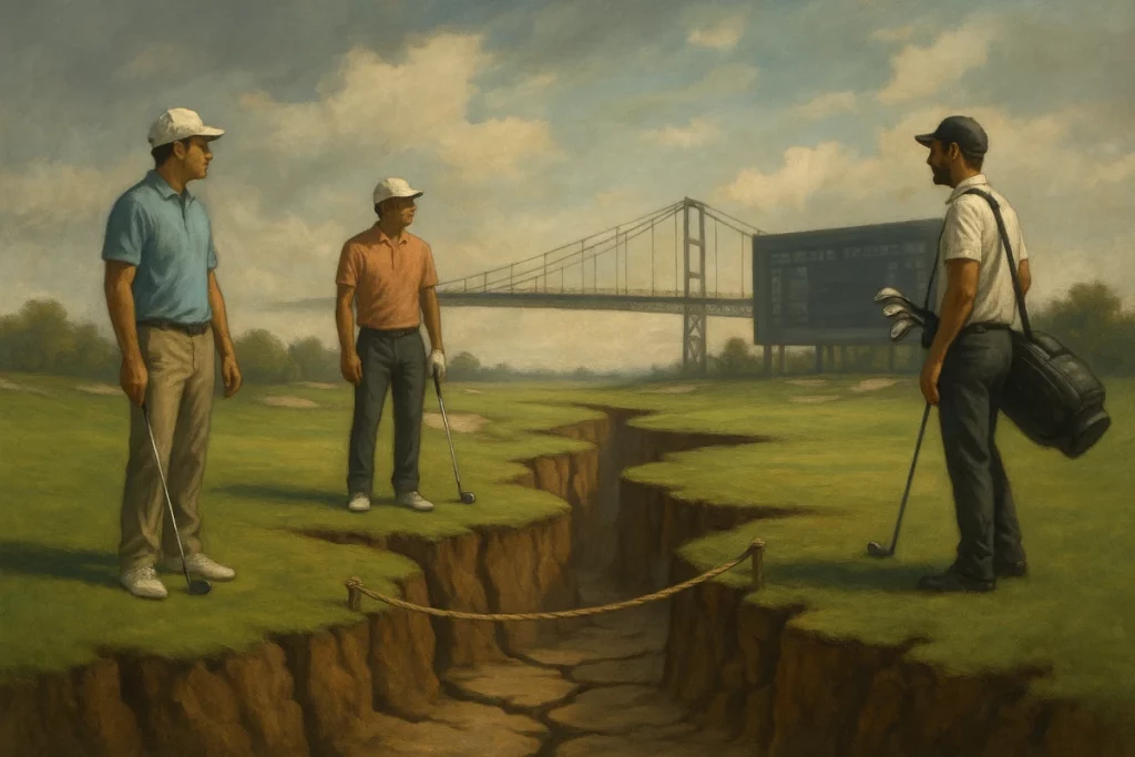 Tres golfistas separados por grietas en un campo de golf con un puente en construcción entre ellos
