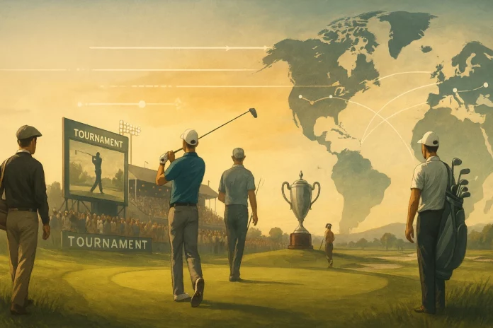 Campo de golf con escenas de distintas épocas y regiones que simbolizan la historia del golf masculino