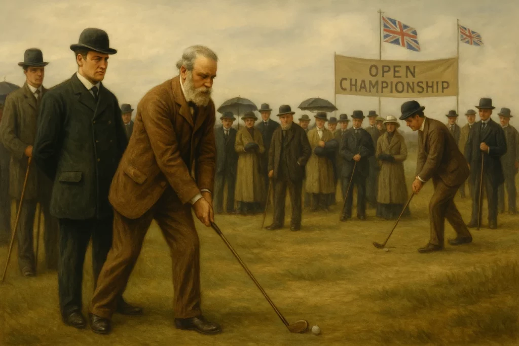 Golfistas y público en un torneo del siglo XIX con pancarta de Open Championship y banderas británicas