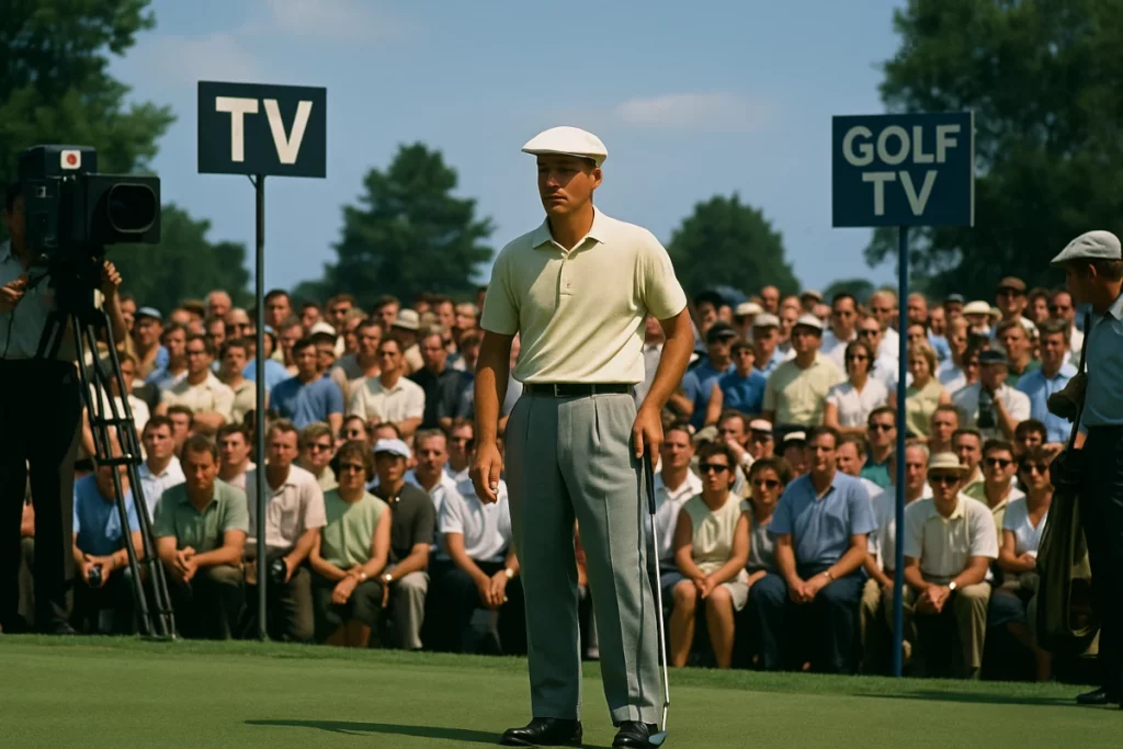 Golfista profesional en los años 60 observado por una multitud durante un torneo televisado, con carteles de TV y GOLF TV