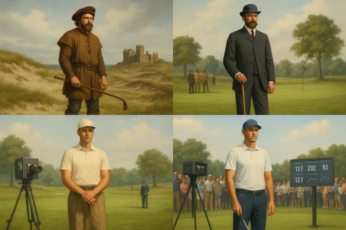 Cuatro golfistas representando el siglo XV, XIX, XX y XXI, cada uno en su entorno histórico, en una imagen dividida por cuadrantes