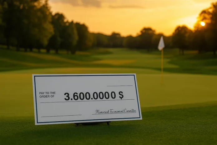 Cheque de 3.600.000 dólares sobre el green al atardecer en el Memorial Tournament