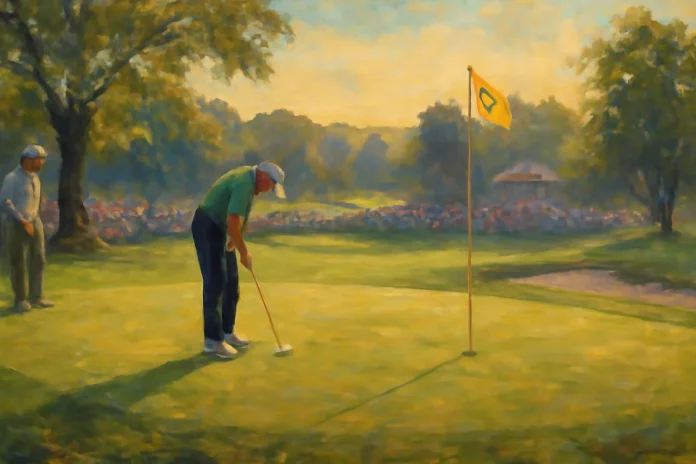 Impresionante pintura digital de un golfista realizando un putt en el 18º hoyo del Memorial Tournament 2025, con un ambiente tranquilo y cálido al atardecer en Muirfield Village Golf Club.
