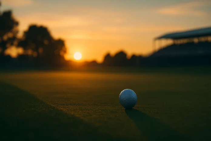 Green de golf al atardecer durante la tercera jornada del PGA Championship 2025