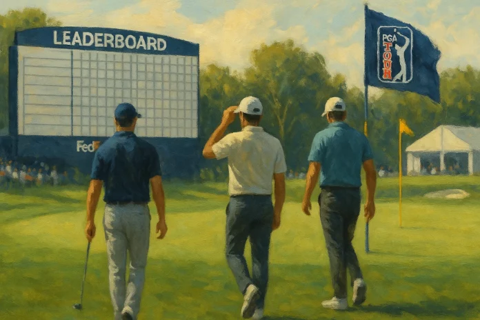 Imagen en estilo pictórico editorial que muestra a varios golfistas profesionales durante una ronda en el PGA TOUR, con ambiente competitivo, carpas oficiales y una pizarra de clasificación simbólica que representa la lucha por los primeros puestos en la FedExCup 2025.