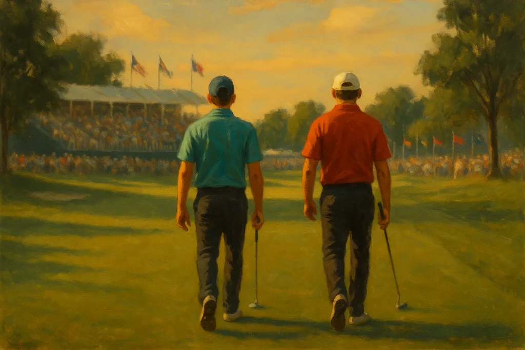 Dos jóvenes golfistas caminando hacia el green en el PGA Championship 2025, con público y banderas al fondo.