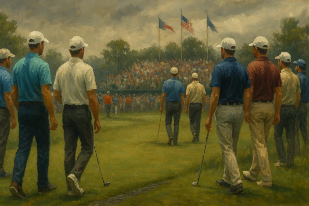 Grupos de golfistas representando al PGA TOUR y al LIV Golf reunidos en un torneo, caminando sobre el campo con público y banderas al fondo.
