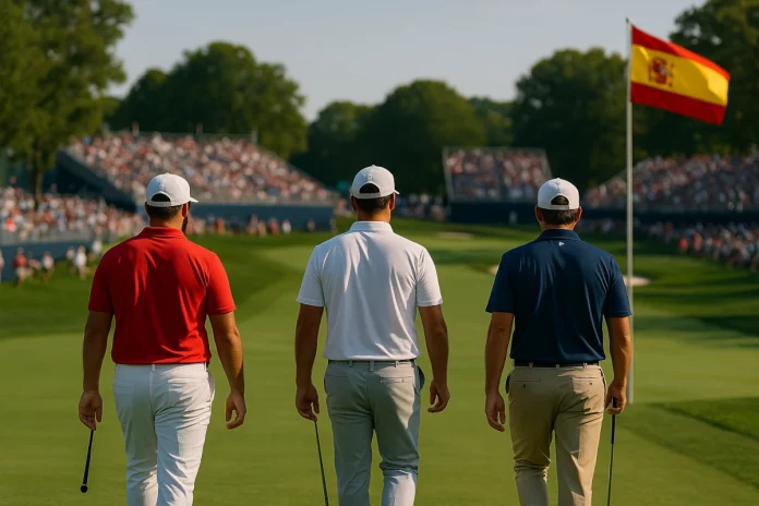 Golfistas españoles caminando en torneo con bandera de España y gradas al fondo