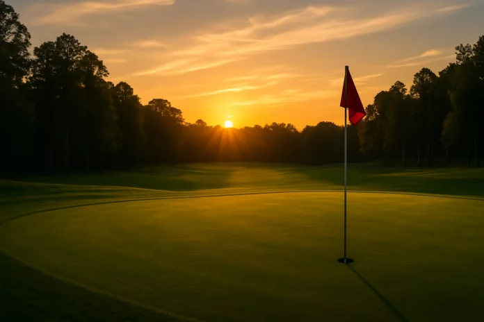 Campo de golf al atardecer con green en primer plano y bandera roja, inspirado en el PGA Championship 2025 en Quail Hollow.