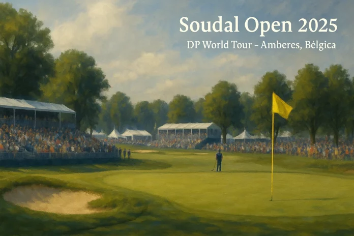 Campo de golf profesional con bandera en el green y gradas llenas de público durante el Soudal Open 2025