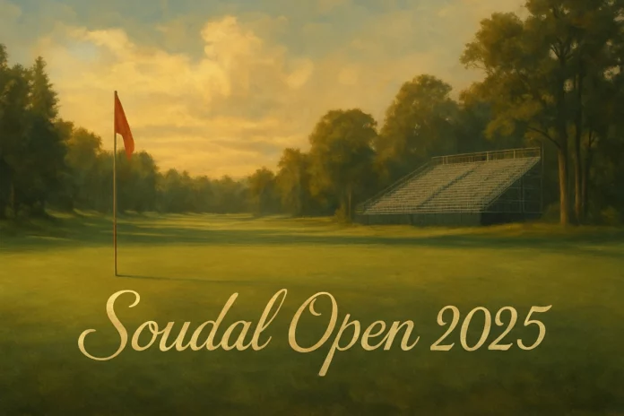 Green de golf al atardecer con bandera roja y el texto Soudal Open 2025