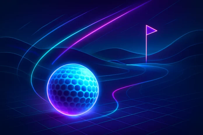 Imagen futurista del U.S. Women’s Open 2025 con una bola de golf luminosa y una bandera roja en Erin Hills.