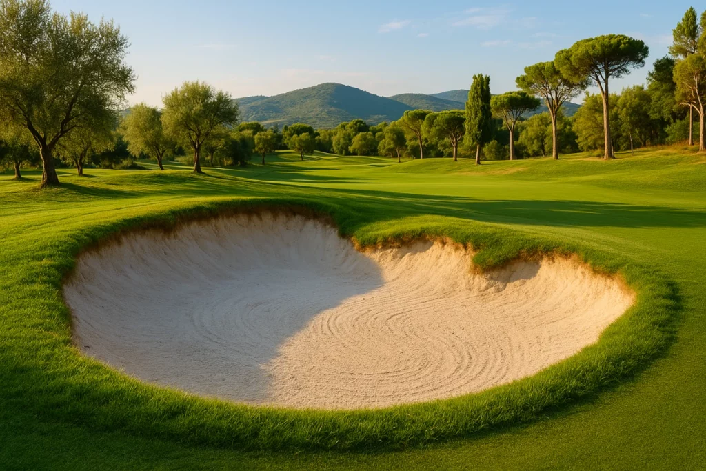 Búnker de golf mediterráneo de arena blanca y borde natural, estilo Argentario Golf Club en la Toscana